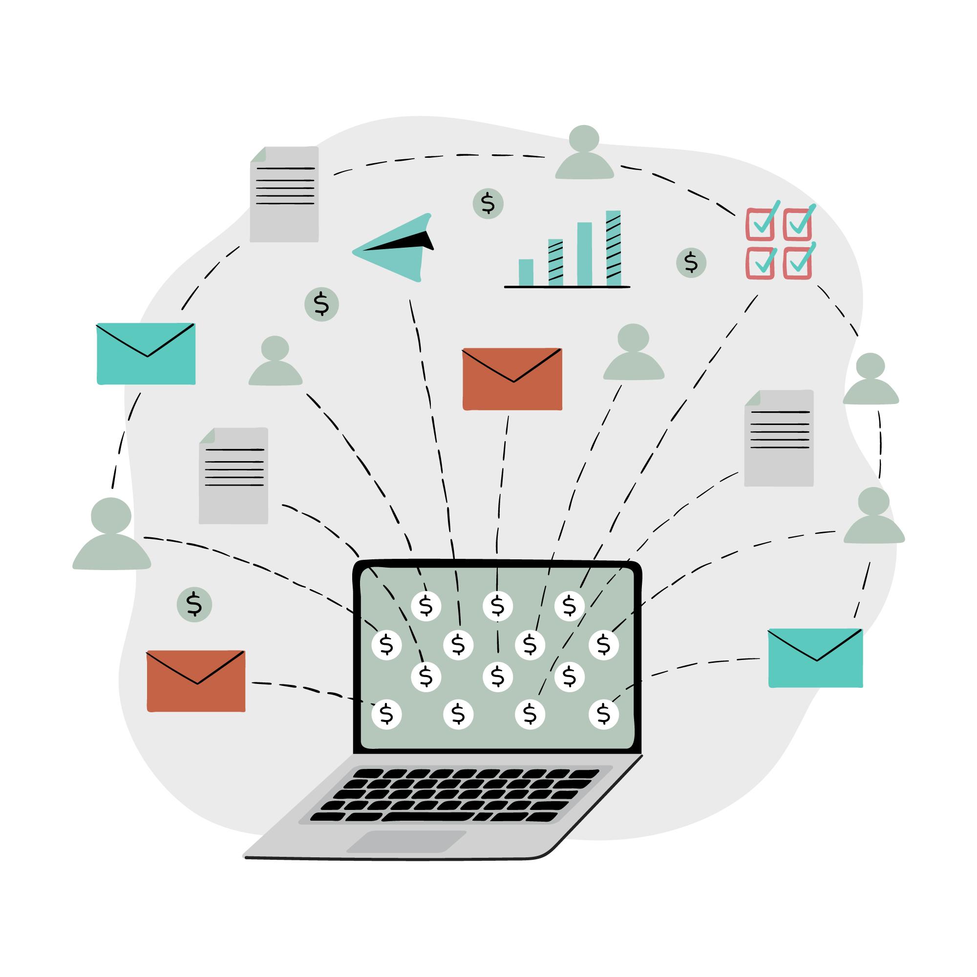 Email marketing automation workflow illustration showing a laptop, connected emails, data analytics, and automated communication processes.